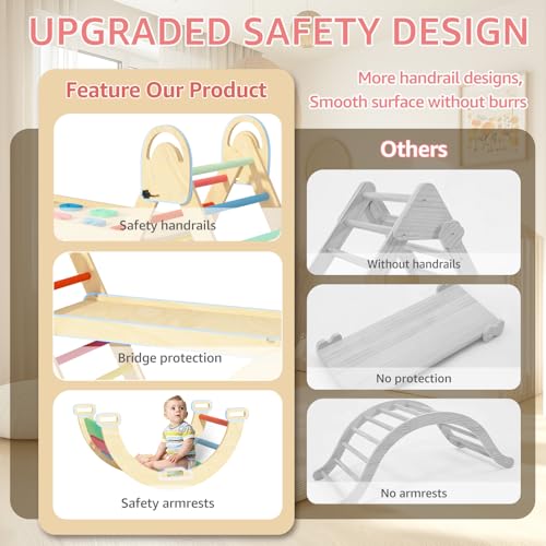 Image of Pikler Triangle Set, Montessori Climbing Set, Baby Climbing Playset Toys Indoor, Jungle Gyms for Toddlers Ages 1-4, Toddler Climbing Playground (Rainbow-Nature)