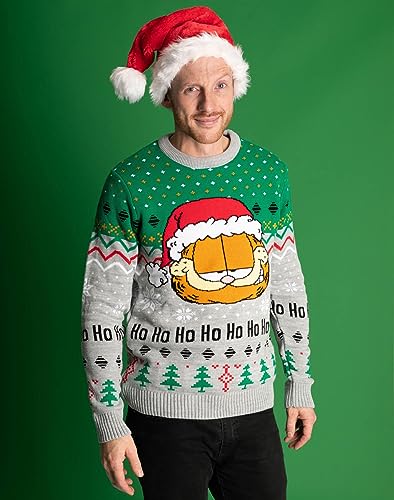 Garfield Mens Christmas Jumper Adults Santa Hat Grey Knitted Sweater2