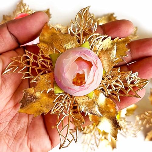 Artificial Golden Flower Peonies Brooch for Hamper, Decoration, Gifting, Trousseau Packing | Artificial Flower Bunch Hamper (3, Baby Pink)
