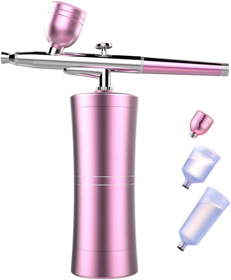 FATUXZ Portable Makeup Airbrush Set with Mini Air Compressor Ink Cup Spray Pen for Tattoo Nail Art Face Paint Cake Deraction Coloring Model with 3 Capacity Cup,Pink