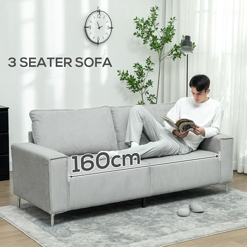 HOMCOM Modern 3 Seater Sofa with Spring Cushion, 193cm Fabric Sofa Couch with Back Pillows, Upholstered Corduroy Settee for Living Room, Bedroom, Home Office, Light Grey - Image 4