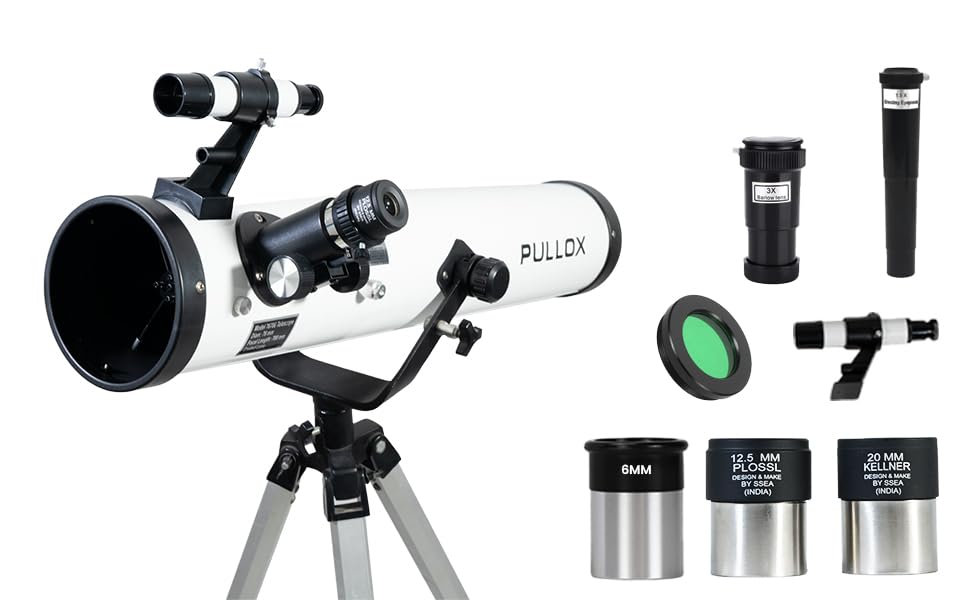 - Pullox 76700 Reflector Telescope 76mm Aperture 700mm Focal Length with Tripod, 3X Barlow Lens, Moon Filter, Multiple Eyepieces for Astronomy Star Gazing