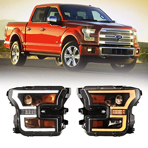 ROXX Replacement Headlight Assembly Compatible with 2015 2016 2017 Ford F-150 Low Beam Headlamps with Led Sequential Turn Signal, DRL, Amber Projector and Clear lens, Driver & Passenger Side