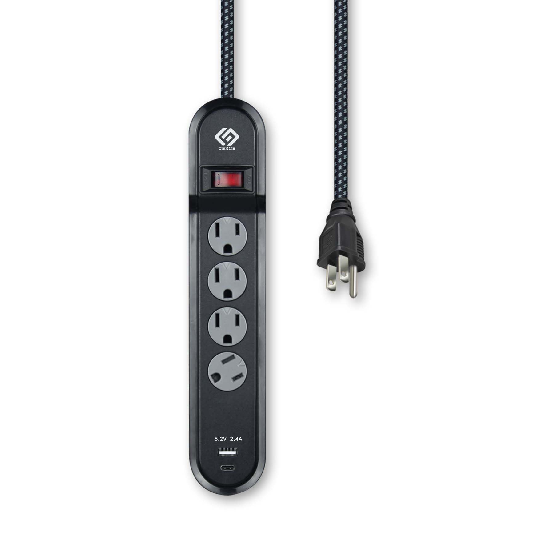 OSKOS Surge Protector Power Strip, 4 Outlets, Two USB 2.4A Ports (1A+1C), 6FT Extension Cord, 500 Joules, 15A/1800W,Wall Mountable, UL Listed