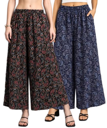 Image of Women Printed Palazzo Pants Combo Pack of 2, Comfortable Elastic Waist Lounge Pants for Women | Relaxed Fit, Loose Fitting Wide Leg Palazzo Pants, Casual Bottom (Available in S to 3XL Size)