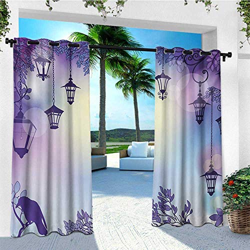 leinuoyi Lantern, Outdoor Curtain of Lights, Ancient Street in a Sinister Violet Environment Raven on a Branch Night, for Patio Waterproof W84 x L96 Inch Violet Multicolor