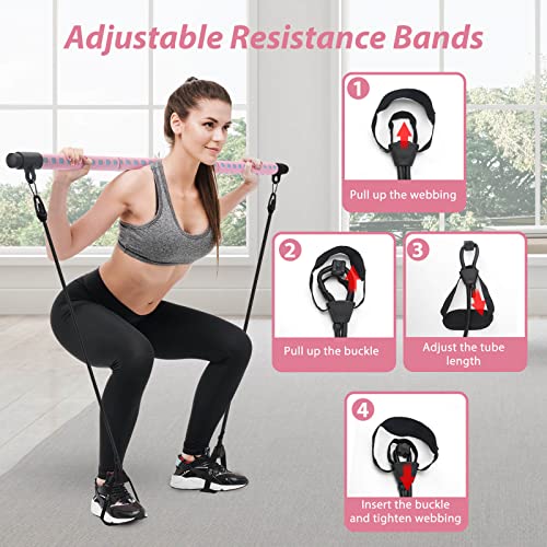 Pilates Bar Kit With 4 Resistance Bands, 3-Section Adjustable Yoga Pilates Stick For Women & Men, Portable Home Gym Workout Equipment For Full Body Shaping (Pink) #TOP2