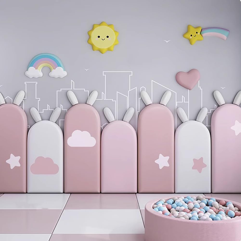 HEFJIAYCIQ Upholstered Wall Padding for Nursery Wall Protection, 3D Anti Collision Peel And Stick Headboard, Soundproof Wall Panels for Kids,pink Set,200x57cm