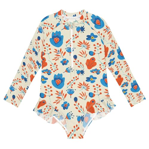 J JOYSAY Floral Berry Branch Beige Girls One Piece Swimsuits Long Sleeve UPF 50+ Rash Guard Kids Swimwear 3-12 Years
