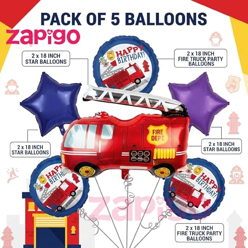 Image of Balloonistics Fire Truck Theme Birthday Balloon Bouquet | Firefighter Birthday Party Decoration | Fire Engine Party Balloon Set for Kids | Pack of 5