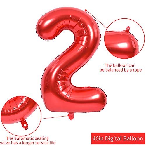 Image of TONIFUL 40 Inch Red Number 2 Balloons Large Foil 2nd Birthday Decorations