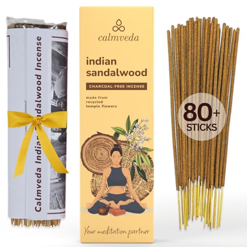Indian Sandalwood Incense Sticks - 80 Sticks, Charcoal Free, Upcycled