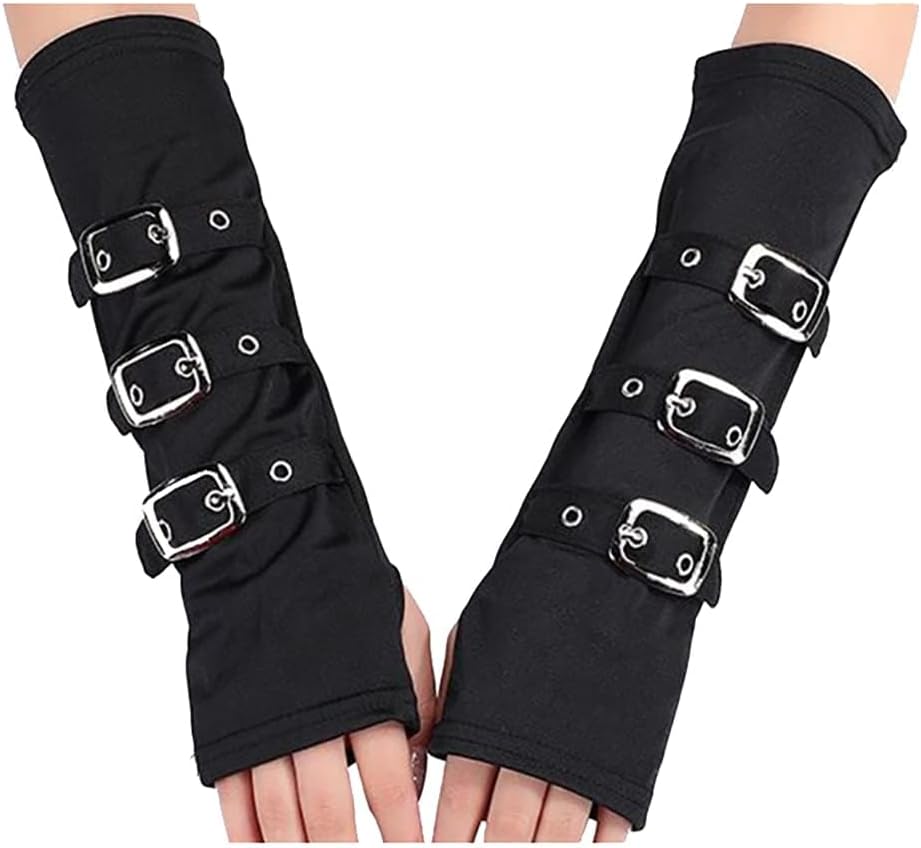 Mrotrida Women's Y2K Punk Lace-up Gloves Harajuku Embroidery Wristband Buckles Fingerless Sleeves Hip Hop Fingerless Gloves, Black-0, One Size