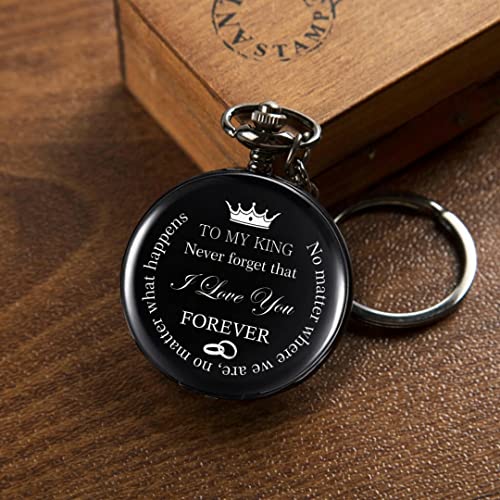 Image of Vintage Gandhi Style Pocket Watch with Engraved Designs & Messages Royal Black Analog for Men Women & Kids Includes Key Ring for car or Bike Keys Ideal Gift