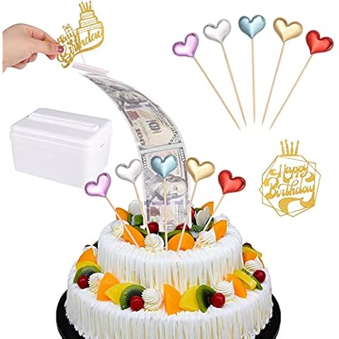 SOSPIRO 108 Pieces Cake Money Pulling Box Kit Birthday Cake Decoration Includes 1Pcs Pulling Money Surprise Box, 2 Happy Birthday and 5 Heart Cake Toppers, 100 Transparent Bags for 8 Inch or Larger Cover