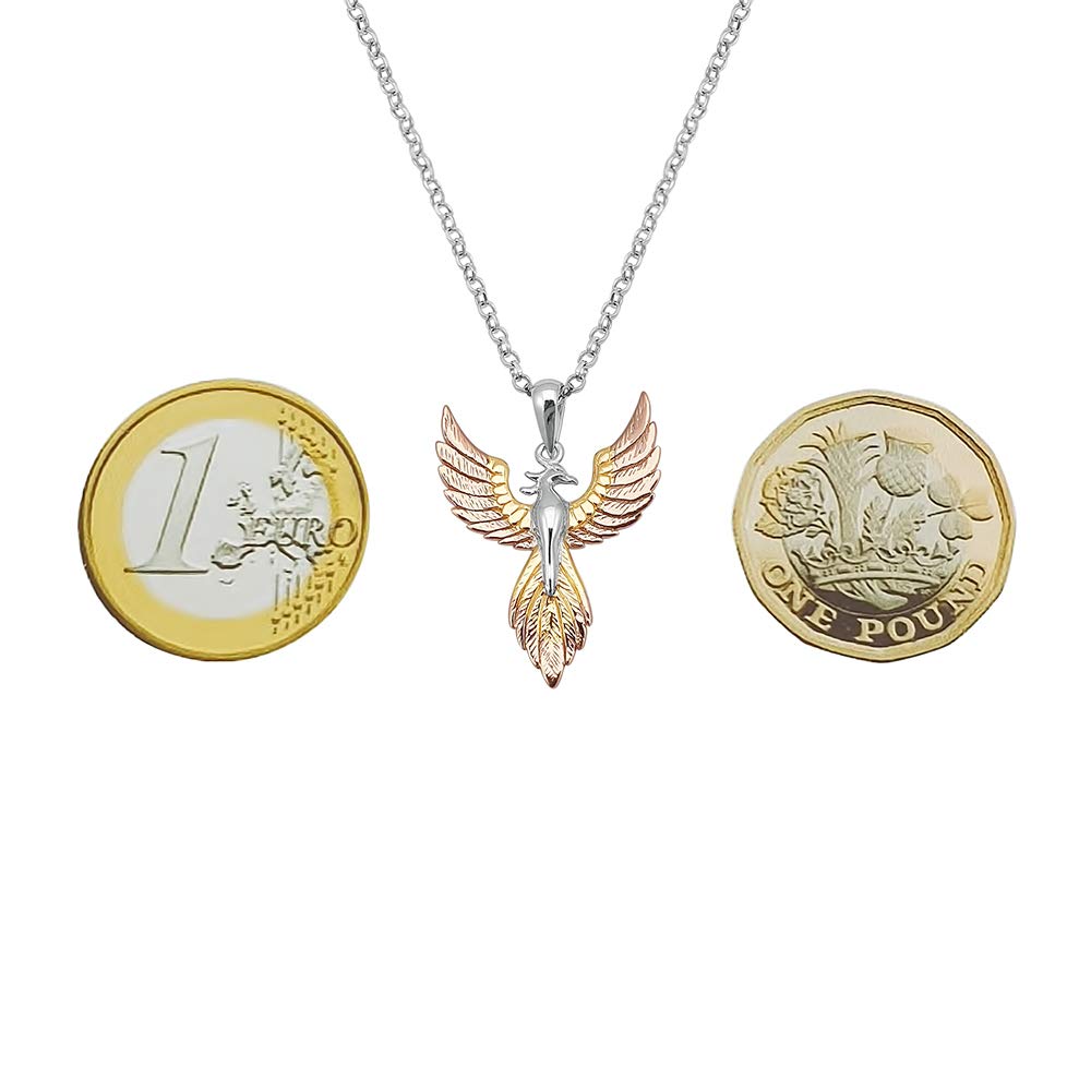 Collar con colgante de pájaro fénix chapado en oro de 2 tonos en plata de ley 925 en cadena de plata de ley de 45,7 cm., Plata esterlina, Diamante
