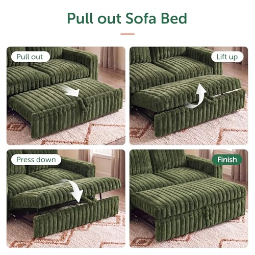 Image of HONBAY Plush Corduroy Loveseat Sleeper Sofa,Modular Pull Out Sofa Bed,Couches for Living Room,Plush Green