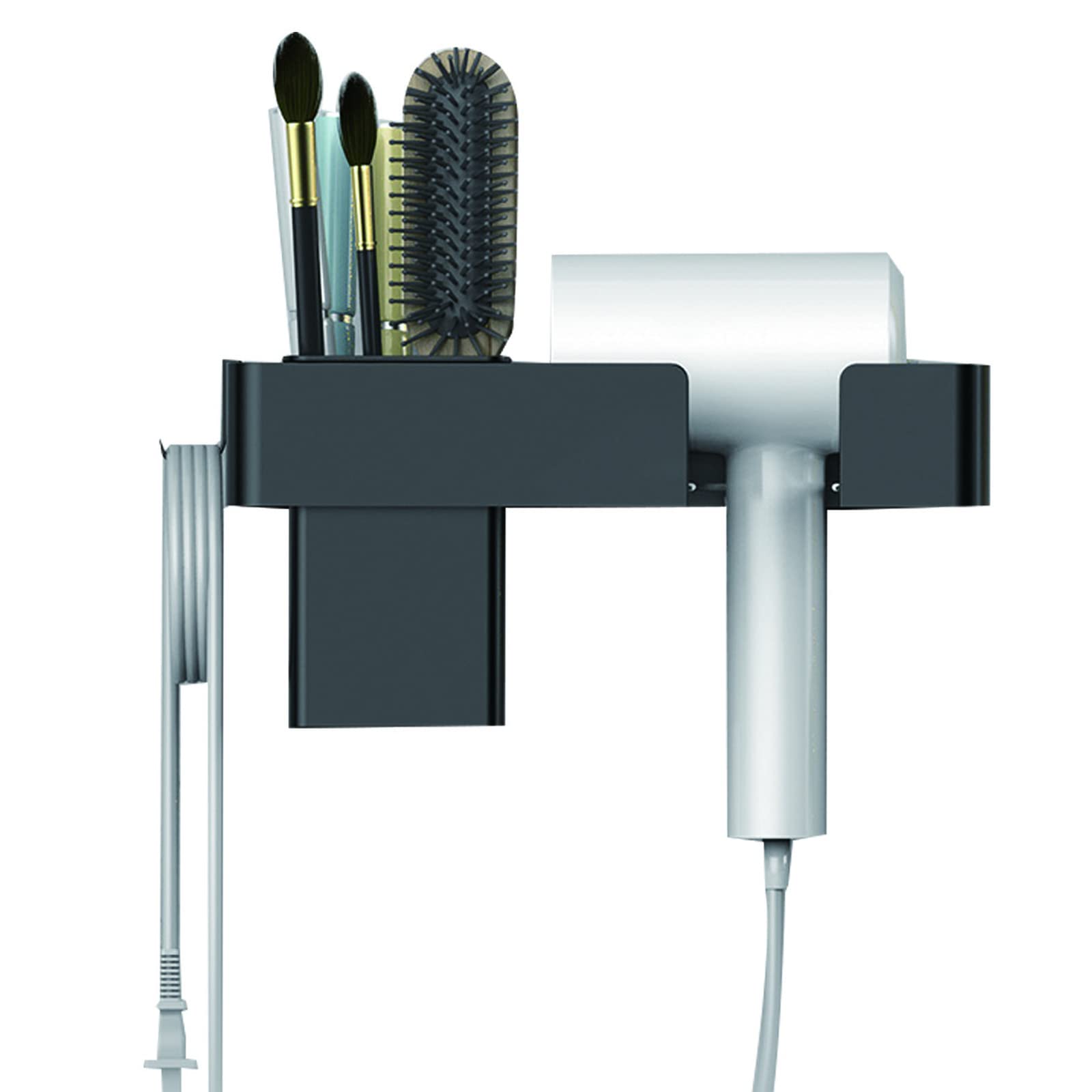 Support sèche-cheveux mural noir en aluminium pour lisseur et rangement de salle de bain