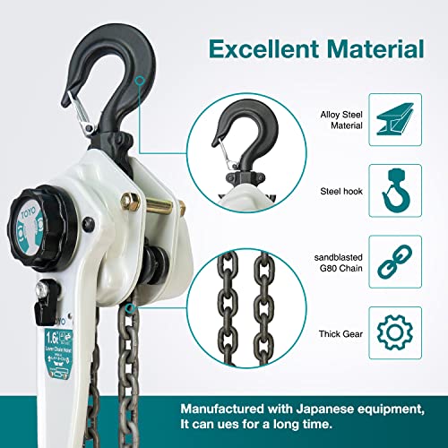 Image of TOYO Lever Chain Hoist 3500Lbs 20ft,Chain Come Along 1.6T 20Ft Ratchet Chain Puller Hoist Alloy Steel G80 Chain 2 Heavy Duty Hooks for Building Warehouse Automotive Garages Machinery (3500LB 20FT)