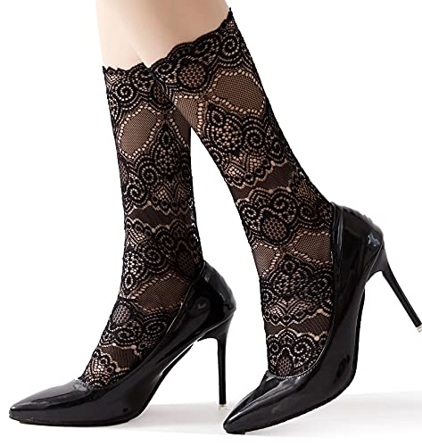 VIVIKI Women Lace Socks, Transparent Mesh Ruffle Dress Socks 3 Pack (Black Pure Lace Socks, 3 Pairs)