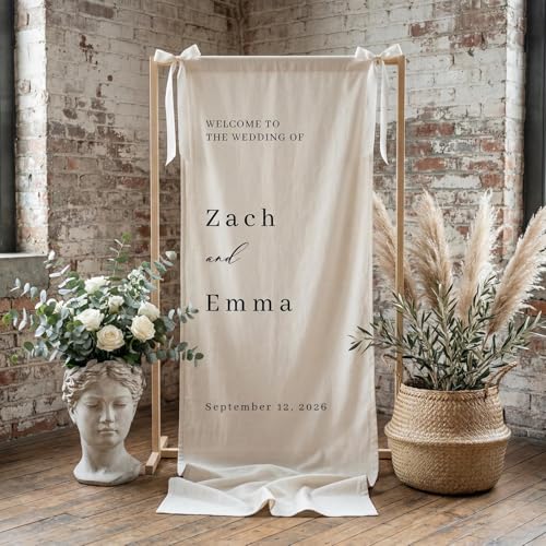Personalized Modern Wedding Welcome Sign Minimalist Couple Names & Date Welcome Soft Cotton Linen Fabric Banner For Reception Decorations Custom Marriage Ceremony Entrance Dcor #11