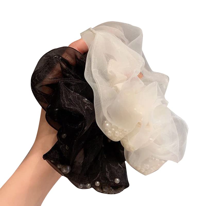 Miniatura 3 de 4 coleteros de malla con encaje de perlas blancas o negras brillantes para el cabello, bandas elásticas para coleta de caballo para el cabello,