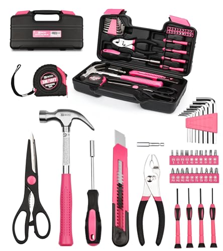 B BOSI TOOLS 40-Piece Pink Tool Set for Girls, Ladies and Women, General Household 40 PCS Hand Tool Kit with Plastic Toolbox, Essential Tools for Home, Garage, Office and College Dormitory Use