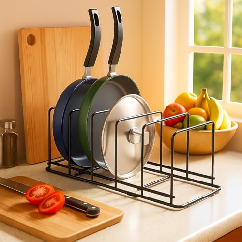 Image of Cast Iron Frying Pan Holder Organizer Rack, Pans Pot Stand cutting board Dish Rack Storage Stand for Kitchen Cabinet, Countertop, [ Without pan]