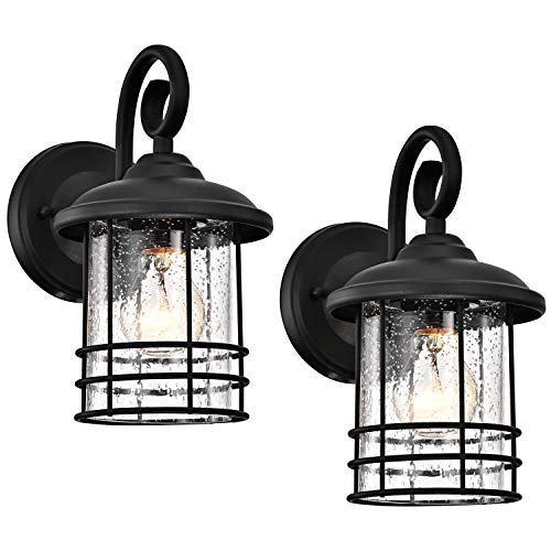 Image of MICSIU 5.5 inch Wide Compact Narrow Farmhouse Matte Black Porch Light 2 Pack | Max 23W 9.8 inch Outdoor Light Fixture with Seedy Glass, Anti-Rust Round Exterior Lantern for Garage Pillar & Side Door, Patio