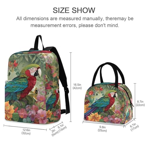 Backpack Lunch Box Set Large Capacity Travel Backpacks and Insulated Lunch Bag for Commute Hiking Picnic Flowers and Parrot Print2