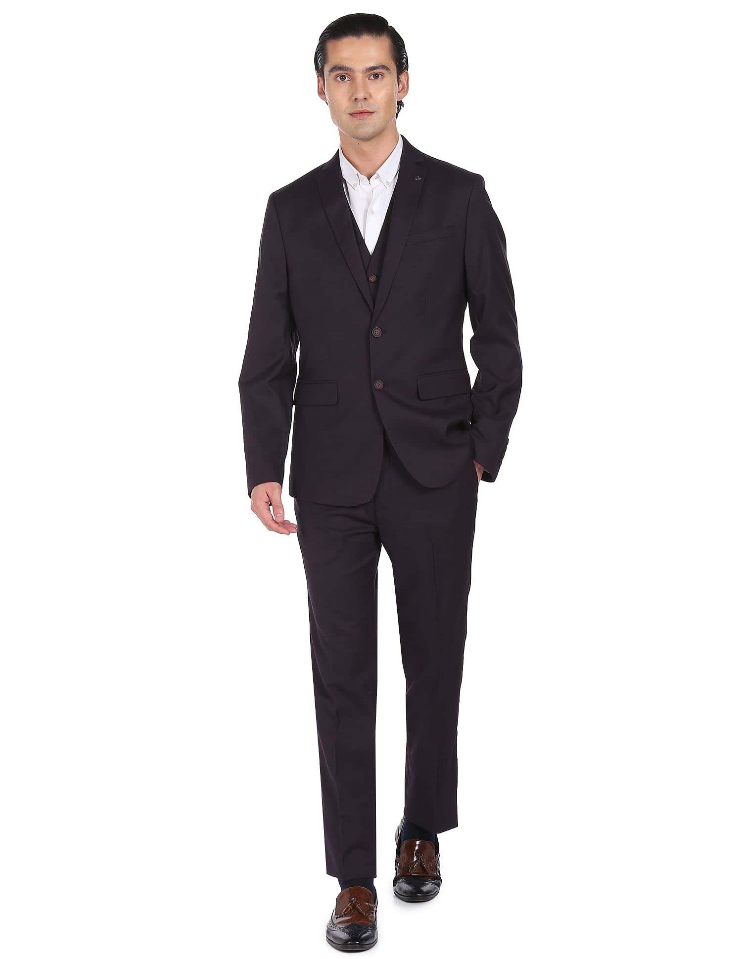 arrow Men Dark Purple Regular Fit Single Breasted Three Piece Suit-picture-11
