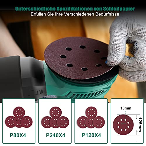 Exzenterschleifer, HYCHIKA 300W Schleifmaschine, 6 Gänge, mit 12 pcs Schleifpapier (Körnung 80/120/240, 8 Löcher, 125mm), Schleifer mit Absaugung, Staubfangbehälter – Bild 7