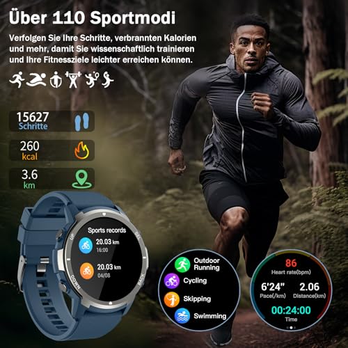 Smartwatch Herren mit Telefonfunktion, 1,43 Zoll Militär Smart Watch mit 24/7 Herzfrequenz/Schlafüberwachung/SpO2/Schrittzähler, 120+ Sportmodi Wasserdicht Fitnessuhr für Android iOS – Bild 5