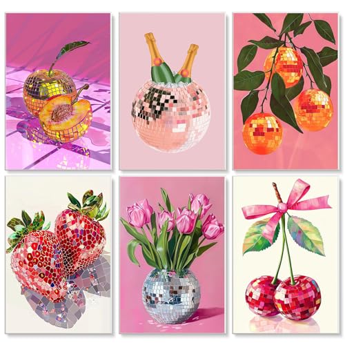 Fountor 6 Pack Discokugel Malen Nach Zahlen Erwachsene, Frucht Nach Zahlen für Erwachsene auf Leinwand ohne Rahmen, DIY Acryl Adult Painting by Numbers für Home Wall Decor Geschenk 20x30 CM