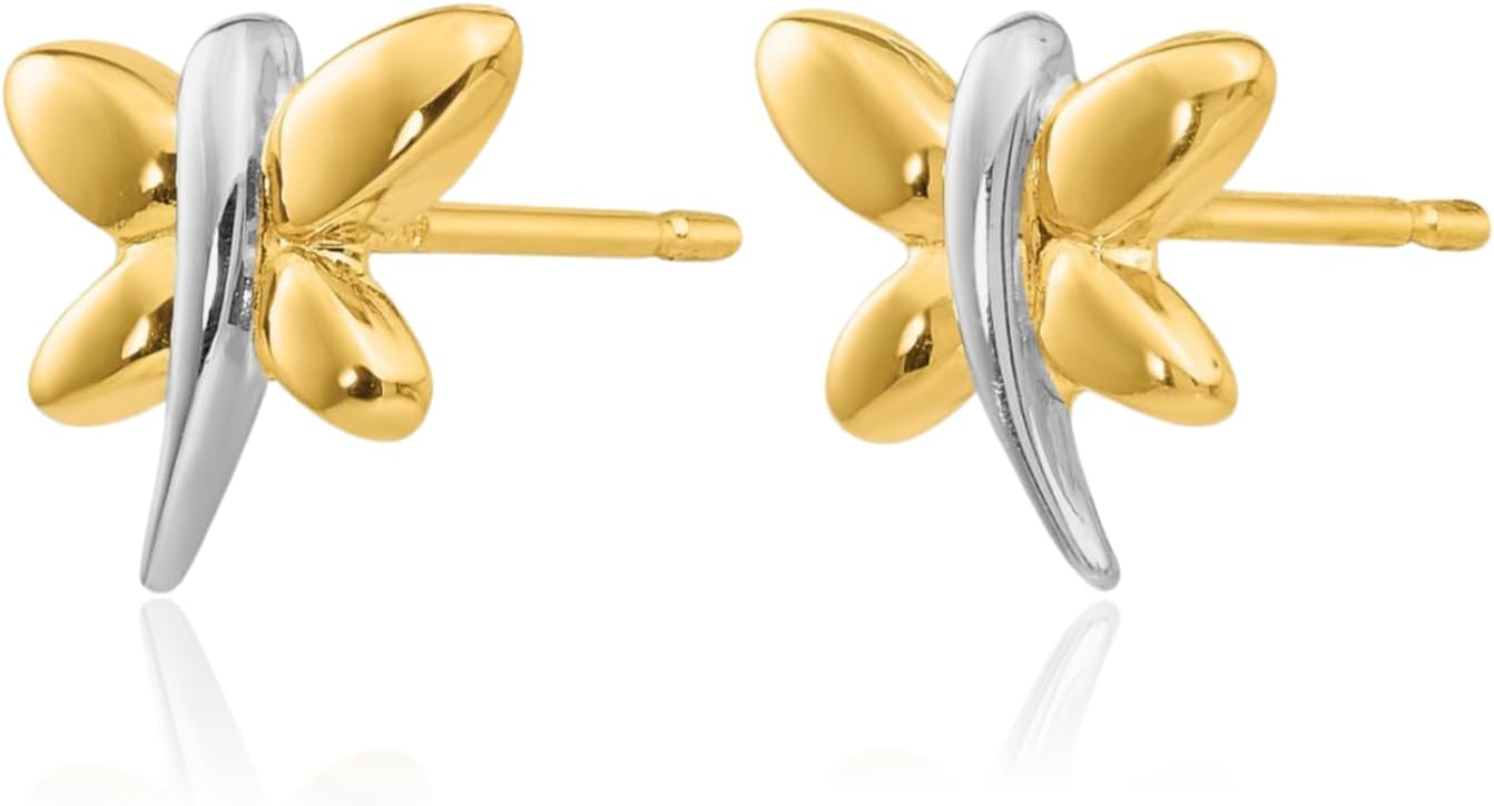 IceCarats 14K Yellow Gold Large Dragonfly Stud Earrings 10mm 3/8 inch Lightweight, Butterfly Back For Her