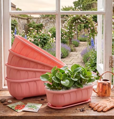 Image of Plastic Rectangle Round Corner Flower Pots with Drainage Hole Saucers Durable Outdoor Indoor Planters with Tray Plant Containers for Balcony, Garden, Home & Office (Pink, 5)