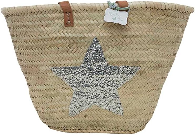 Emma Large Straw Basket Bag with Long Leather Straps and Sequin Star, Silver