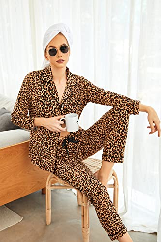 Ekouaer Pj Set For Women Leopard Pajama Set Cotton Long Sleeve Loungewear Button Down 2 Piece Sleep Set,Leopard,L #TOP2