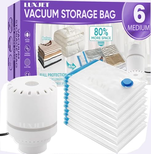 Image of LUXJET 6 Medium Vacuum Bags for Travel with Electric Pump and Hand Pump - Airtight, Reusable Space Saver Compression Storage Bags for Packing,Vaccine Sealer Bags with Ziplock for Blanket