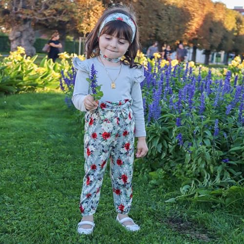 Image of YALLET 3Pcs Toddler Girl Clothes Solid Color Long Sleeves Ruffle Top+Floral Pants+Headband 1-6 Years Fall /Winter Outfits Set