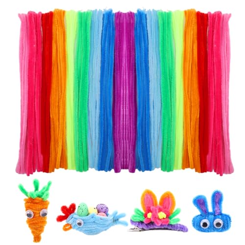 woric 100 Pfeifenputzer Bunt zum Basteln Set, Pfeifenreiniger 30cm Chenilledraht Biegeplüsch Pipe Cleaner für DIY Projekte Kindergeburtstag (inkl. Spitztüten Pompons Wackelaugen)
