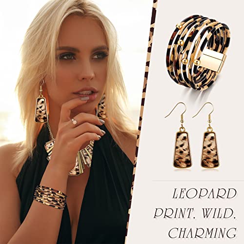 Junkin 3 Pieces Leopard Necklace Earrings Bracelets Leopard Jewelry Set for Women Bohemia Cheetah Print Safari Theme Multi Layer PU Leather Wrist Cuff Wrap Gift Accessories3