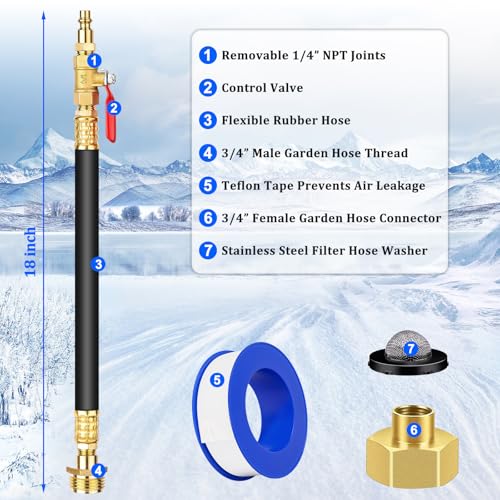Image of RV Winterizing Blowout Adapter Kit with Valve for Sprinkler Camper | Air comp quick connect plug,3 /4 inch garden hose faucet,antifreeze for motorhomes /boats /travel trailers, brass,lead-free,18 inch