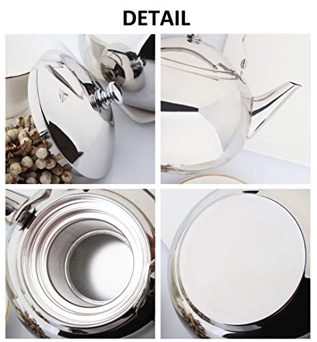 OMGard Teapot with Infuser Loose Tea Leaf 2 Liter Stainless Steel Tea Pot Coffee Water Small Kettle Filter Set Warmer Teakettle for Stovetop Induction Stove Top 2.1 Quart / 68 Ounce