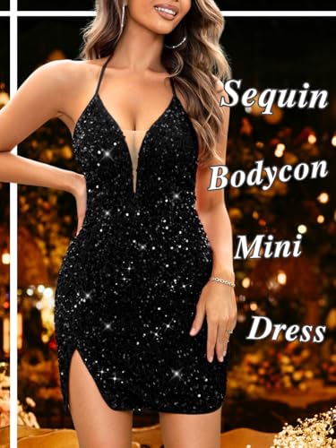 Image of ShawGobow Sexy Sequin Dress for Women,Sparkly Glitter Velvet Mini Prom Dresses,Plunge Backless Club Outfit Cocktail Party