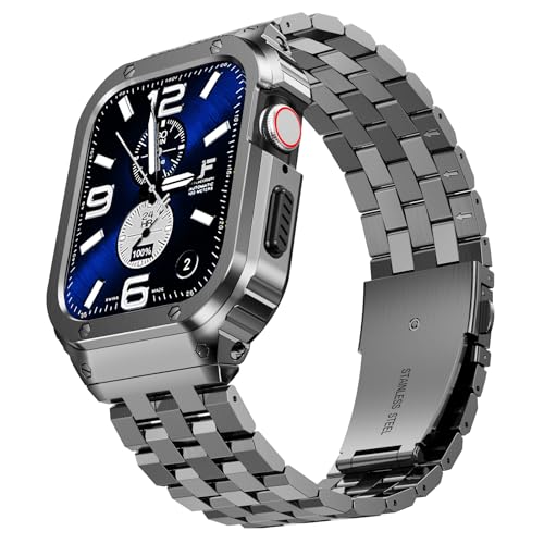 Image of SUPLINK Stainless Steel Case with Bands Compatible with 42mm 44mm Apple Watch Band Men, Metal Rugged Protective Bumper for iWatch Apple Watch Series SE (3 /2 /1) 6 5 4 3 2 1, Space Grey