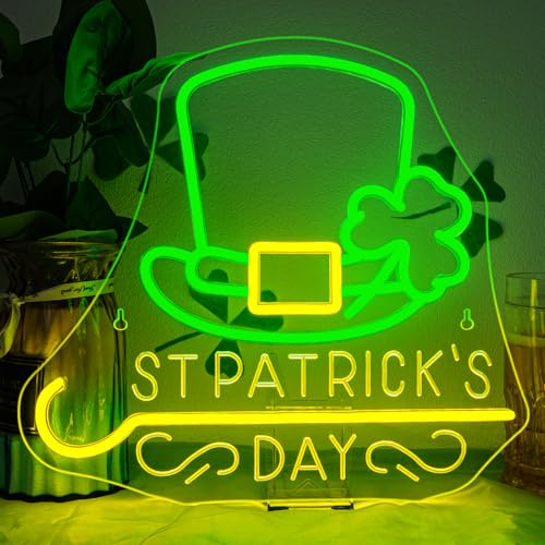 Image of Horseneon St Patricks Day Neon Sign Shamrock Neon Light LED Signs St Patricks Day Decorations Dimmable Green Gold Colors for Wall Art Bedroom Living Room Home Bar Decor