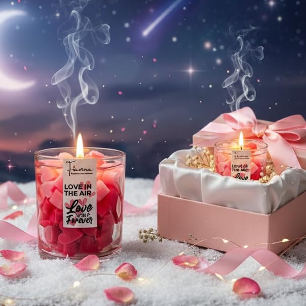Image of Love is in the Air Romantic Scented Jar Candle | Filled with Pink & Red Mini Hearts | Calming Rose Fragrance for Aromatherapy | Hand-Poured Soy Wax | Gift for Love, Birthday, Valentine