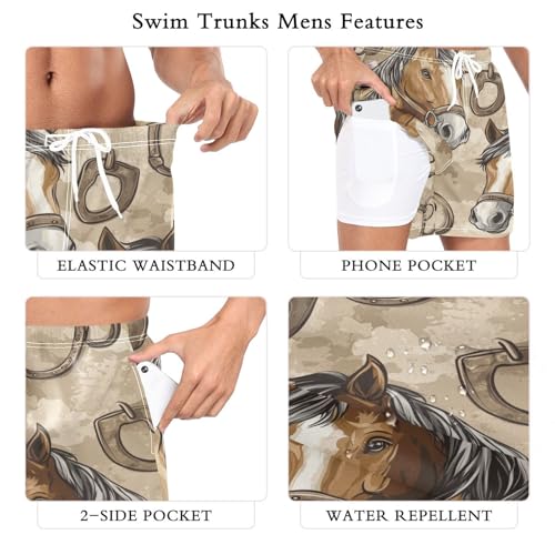Retro Horse Print Men's Swim Trunks with Liner Quick Dry Beach Shorts Swimwear Bathing Suit S-XXL2