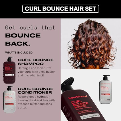 Image of Hawthorne Curl Bounce Mens Curly Hair Shampoo and Conditioner Set. Sulfate Free Shampoo and Conditioner with Shea Butter and Macadamia Oil For Healthy, Hydrated Hair. Ultra Nourishing. 16 oz. each.